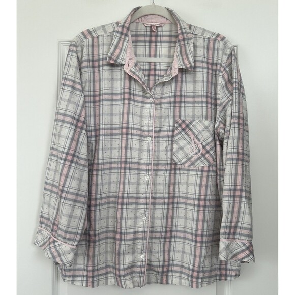 Victorias Secret Pajama Top Flannel Shirt Size L Gray Pink Plaid White Monogram - Picture 1 of 12